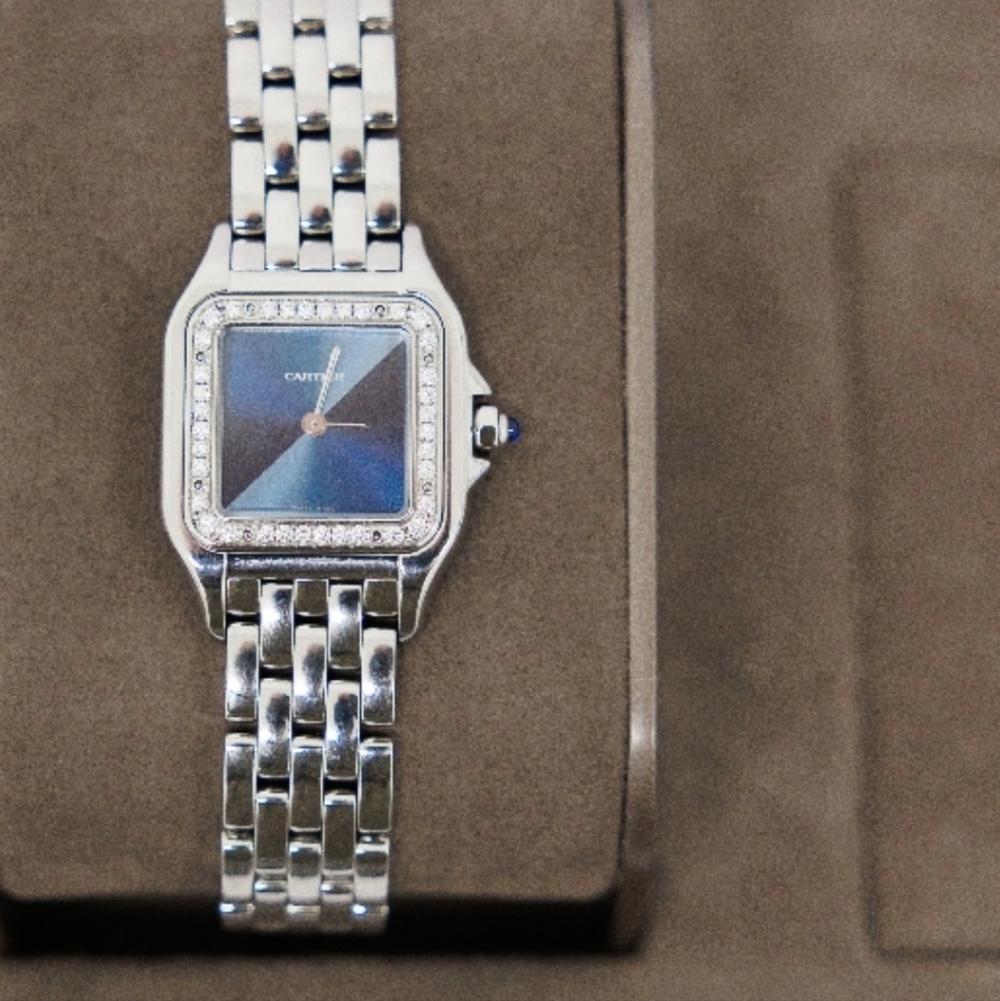 Cartier Stainless Steel Watch with Blue Dial, Original Diamonds